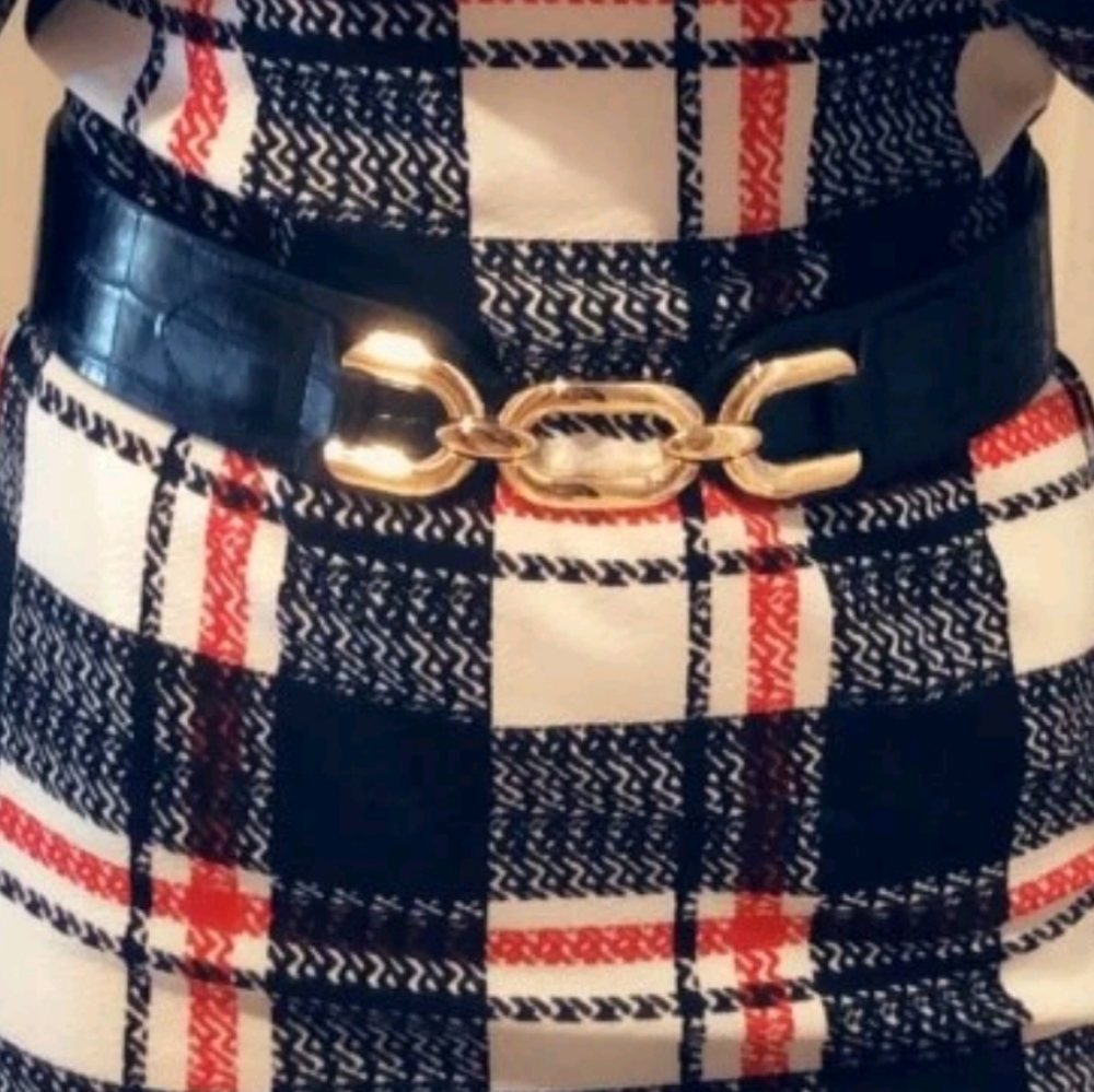 Womens Black Vegan leather elegant corset chunky Gold link boho wide waist belt - Picture 4 of 14